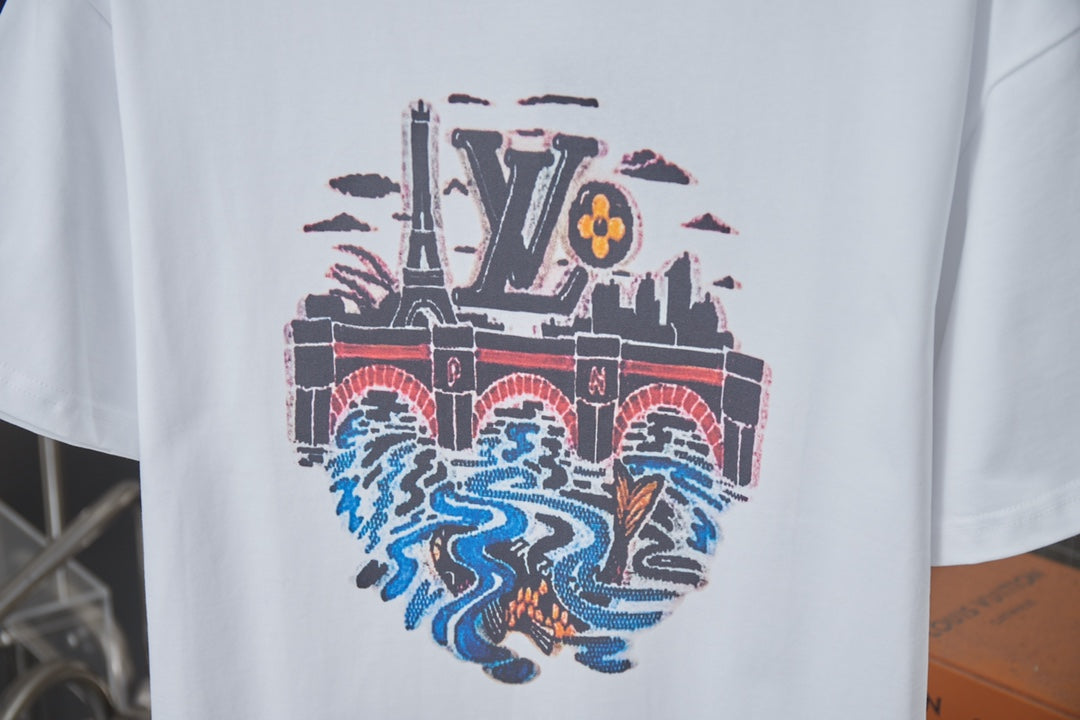 260106 New high-quality T-shirt with iron tower and river pattern