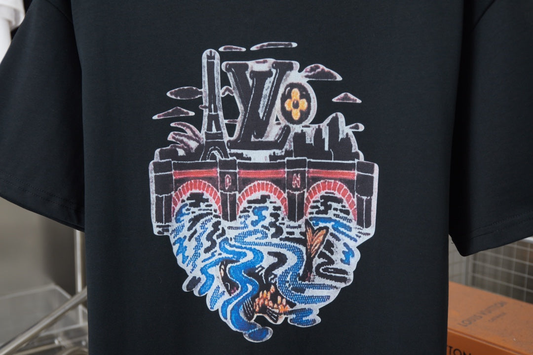 260106 New high-quality T-shirt with iron tower and river pattern