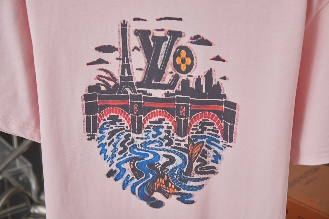260106 New high-quality T-shirt with iron tower and river pattern