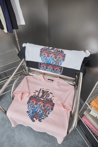 260106 New high-quality T-shirt with iron tower and river pattern