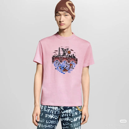 260106 New high-quality T-shirt with iron tower and river pattern