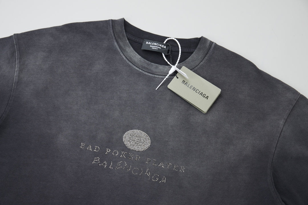 260106 New high-quality letter-shaped rhinestone washed and aged T-shirt