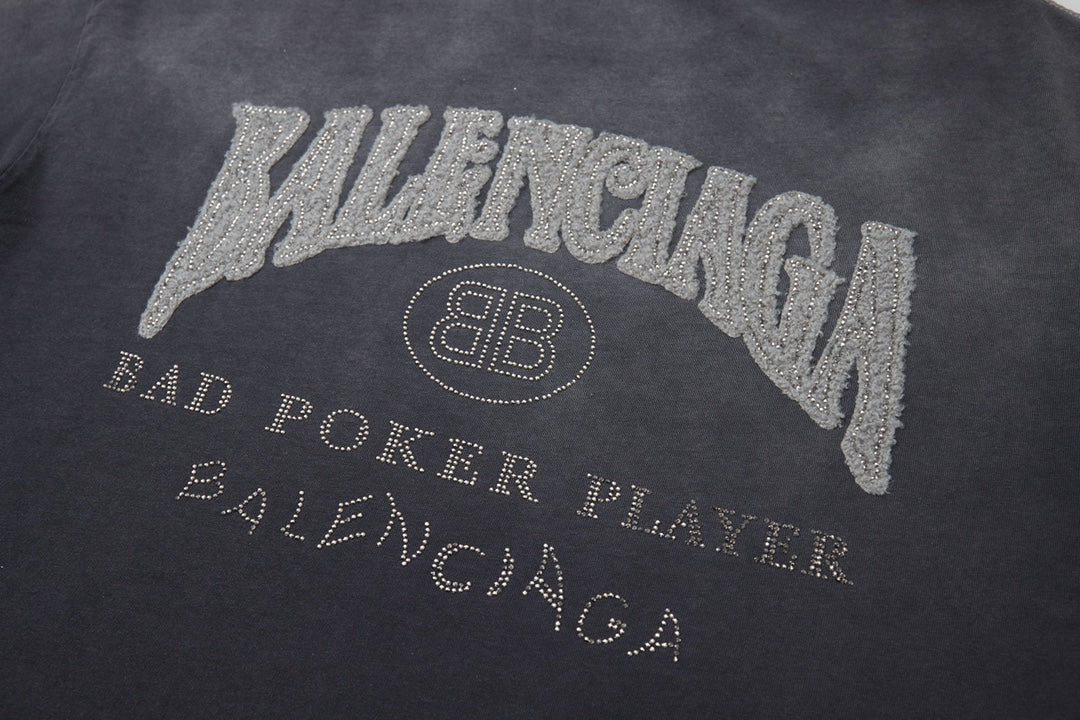260106 New high-quality letter-shaped rhinestone washed and aged T-shirt