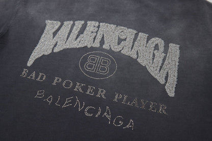 260106 New high-quality letter-shaped rhinestone washed and aged T-shirt