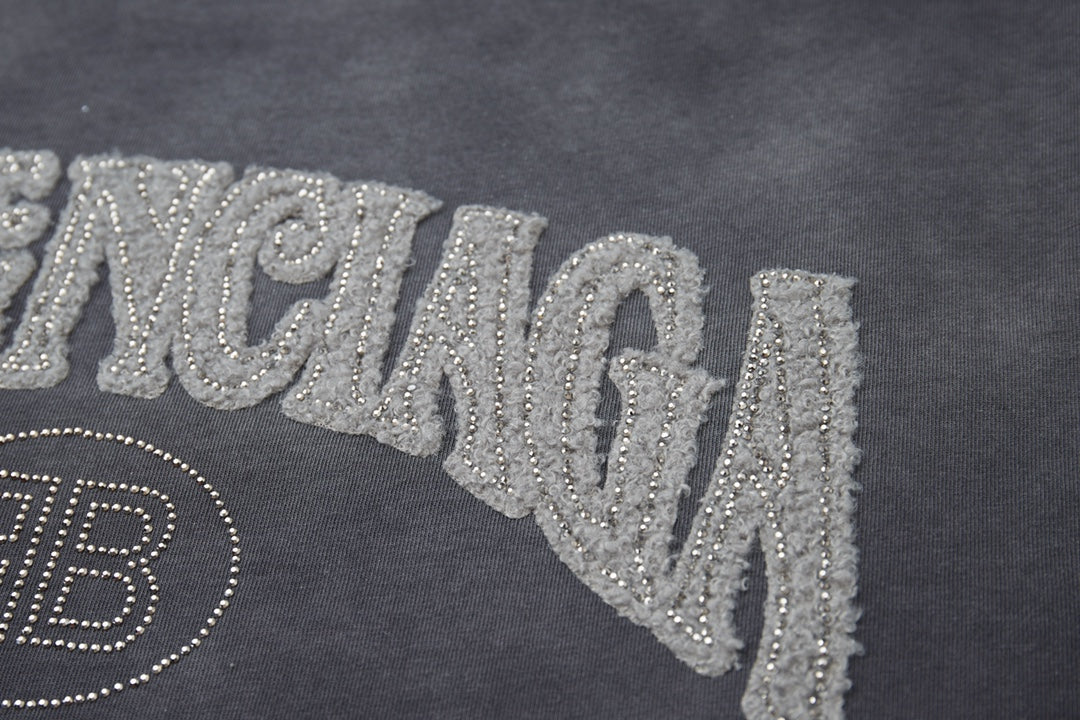 260106 New high-quality letter-shaped rhinestone washed and aged T-shirt