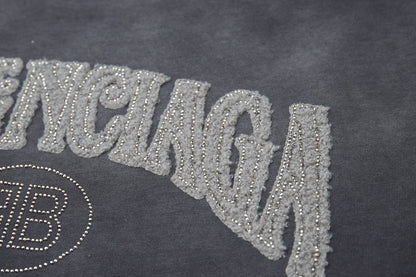 260106 New high-quality letter-shaped rhinestone washed and aged T-shirt