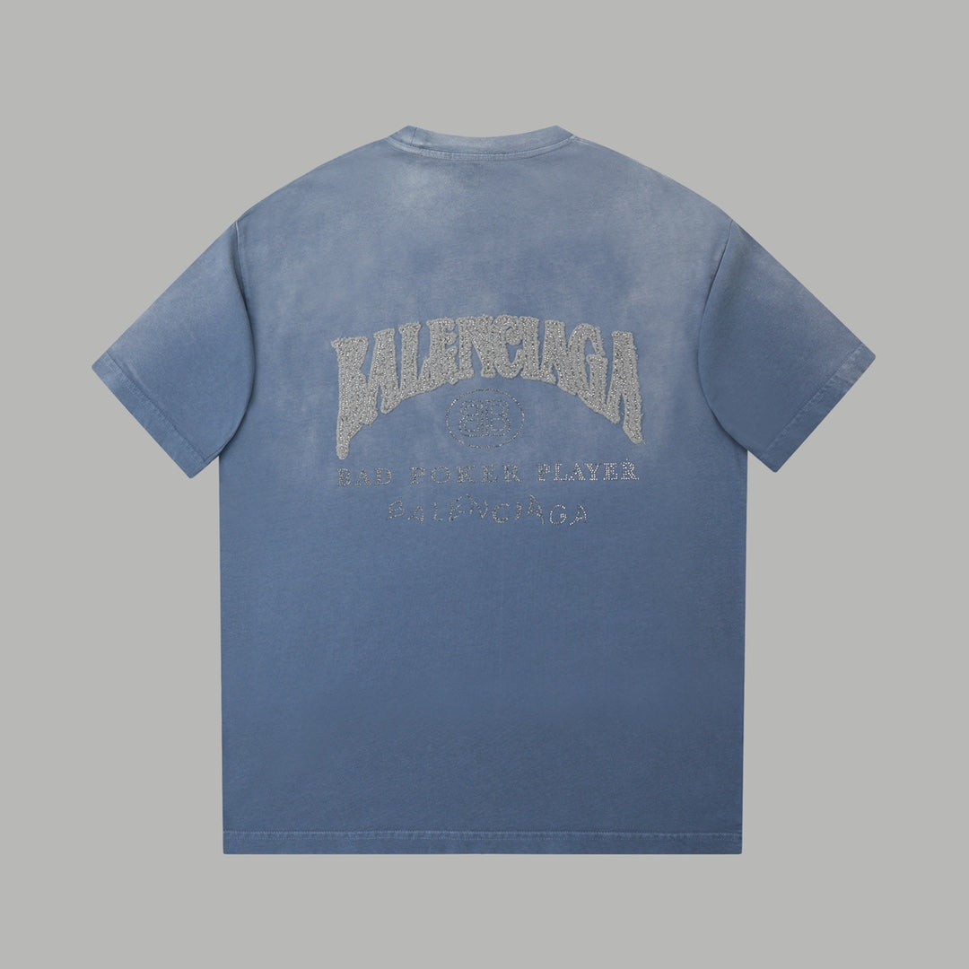 260106 New high-quality letter-shaped rhinestone washed and aged T-shirt