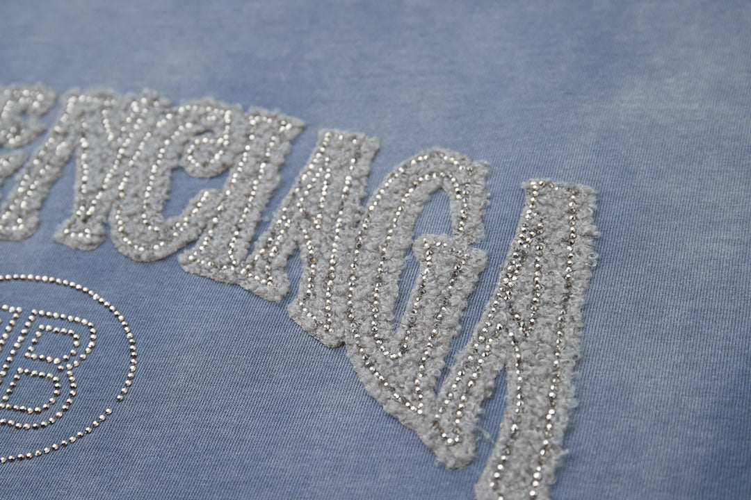 260106 New high-quality letter-shaped rhinestone washed and aged T-shirt