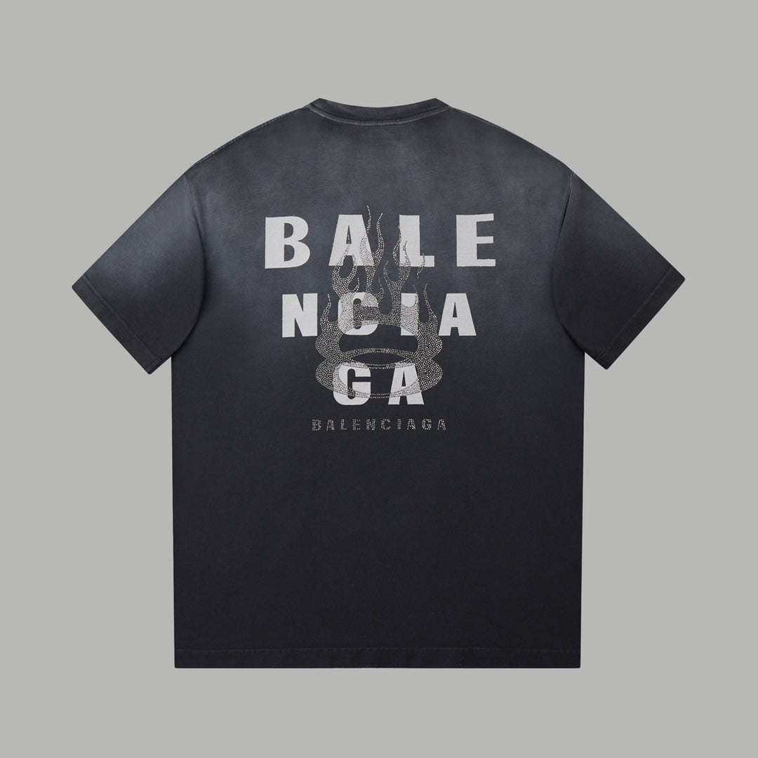 260106 New high-quality letter-shaped rhinestone washed and aged T-shirt
