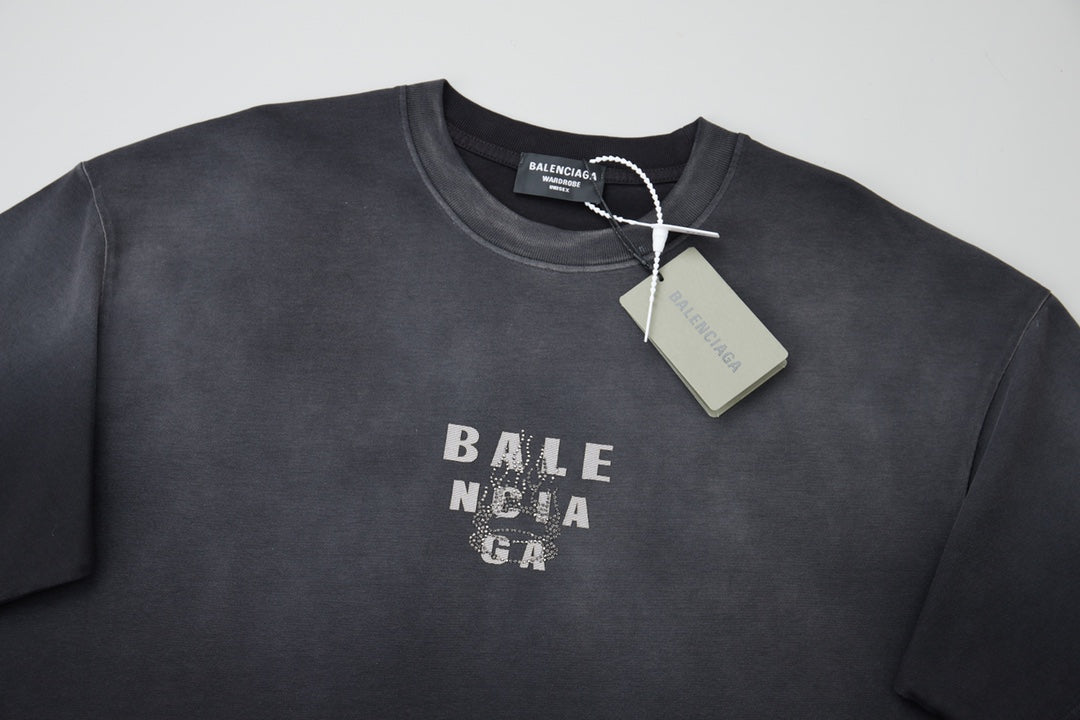 260106 New high-quality letter-shaped rhinestone washed and aged T-shirt