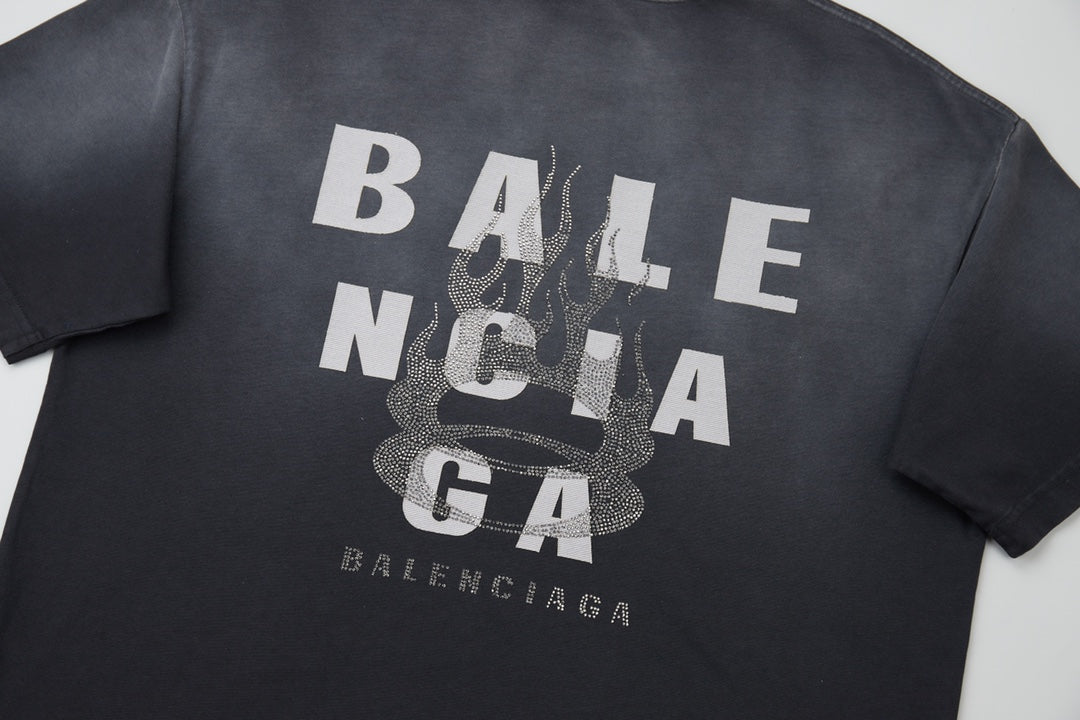 260106 New high-quality letter-shaped rhinestone washed and aged T-shirt