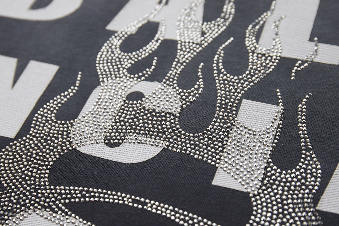 260106 New high-quality letter-shaped rhinestone washed and aged T-shirt