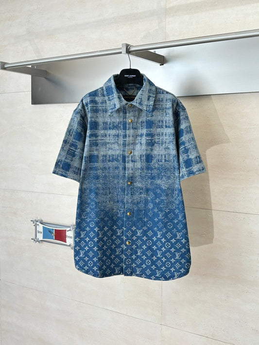 260106 New high-quality gradient bleached full-printed jacquard denim short-sleeved shirt