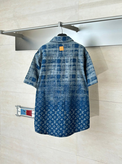 260106 New high-quality gradient bleached full-printed jacquard denim short-sleeved shirt