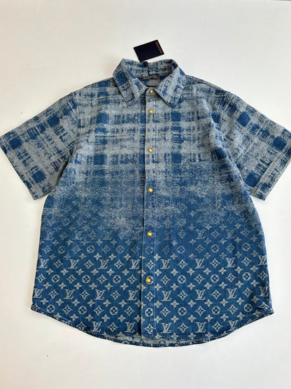 260106 New high-quality gradient bleached full-printed jacquard denim short-sleeved shirt