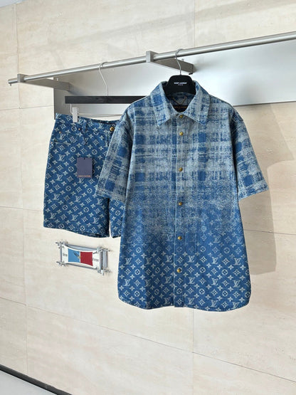 260106 New high-quality gradient bleached full-printed jacquard denim short-sleeved shirt