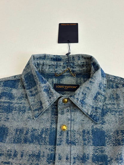 260106 New high-quality gradient bleached full-printed jacquard denim short-sleeved shirt