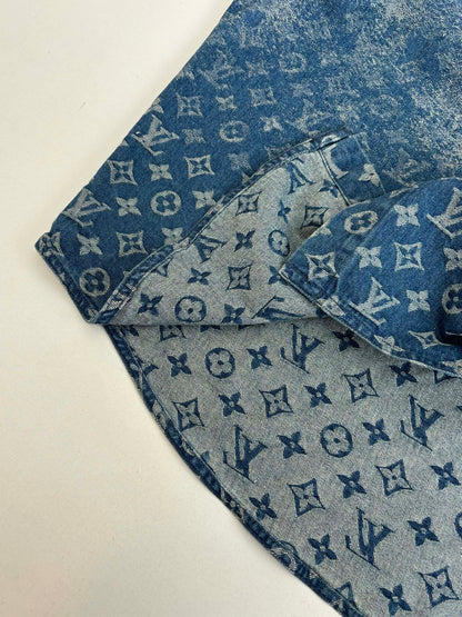 260106 New high-quality gradient bleached full-printed jacquard denim short-sleeved shirt