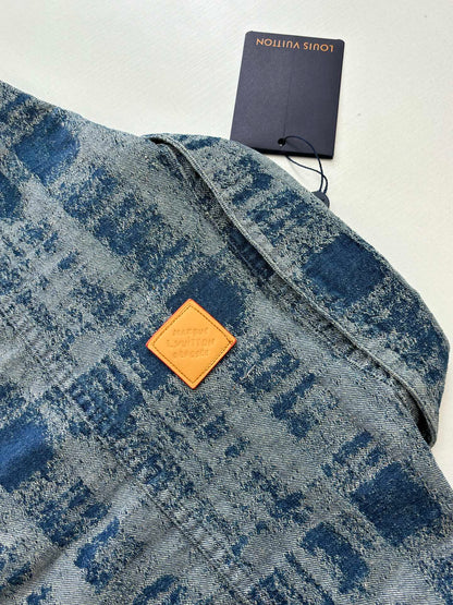 260106 New high-quality gradient bleached full-printed jacquard denim short-sleeved shirt