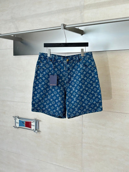 260106 New high-quality gradient bleached full-printed jacquard denim shorts