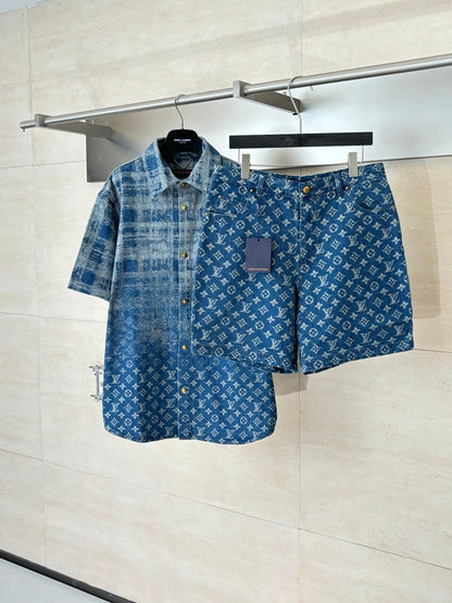 260106 New high-quality gradient bleached full-printed jacquard denim shorts