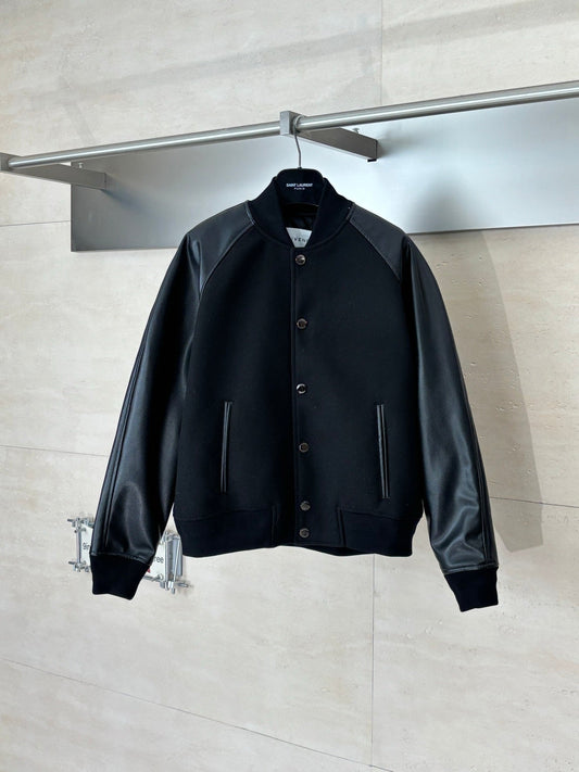 260106 New high-quality solid-color dark wool patchwork button-up baseball jacket