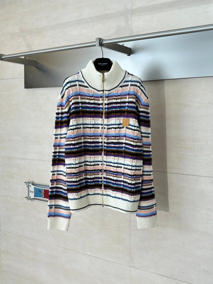 260106 new high-quality striped tweed color-blocking knitted zipper jacket
