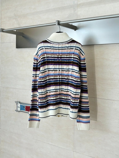 260106 new high-quality striped tweed color-blocking knitted zipper jacket