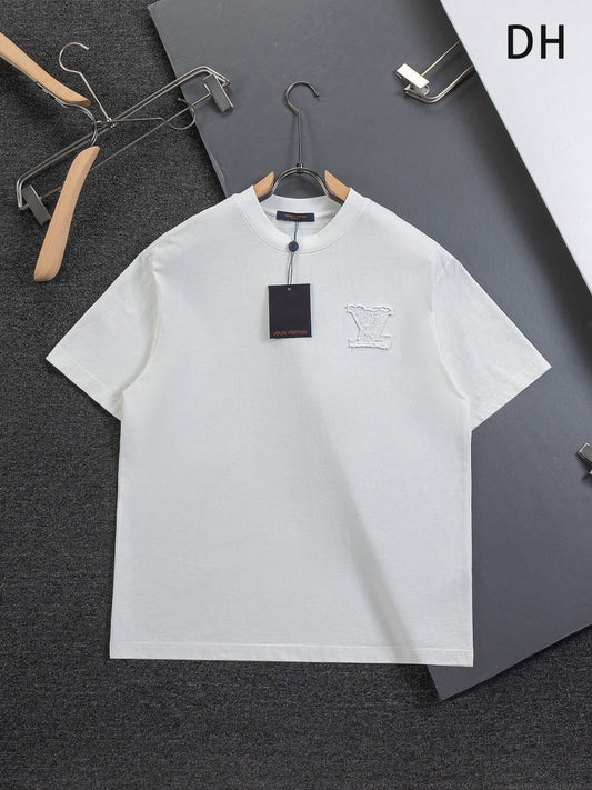 260113 New high-quality distressed same-color patchwork embroidered T-shirt