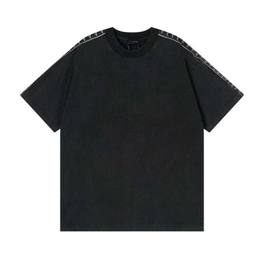 260113 New high-quality striped woven fabric washed snowflake T-shirt