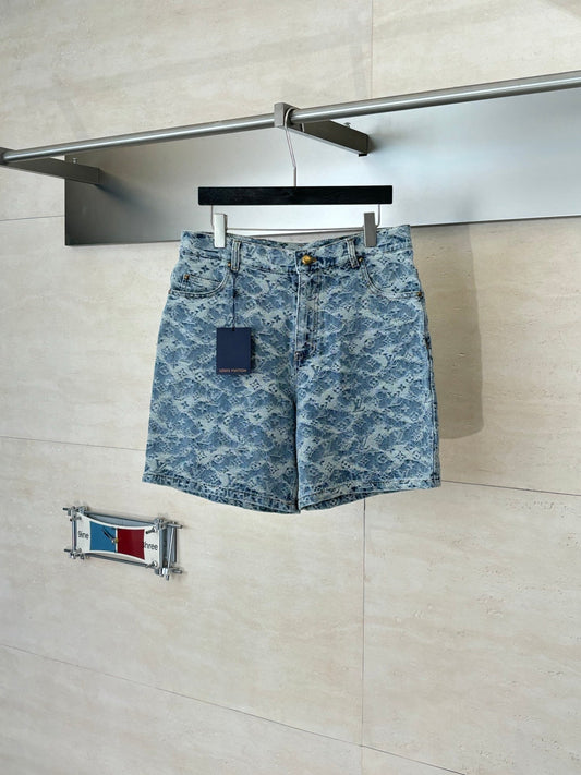 260120 New high-quality washed full-print jacquard denim shorts