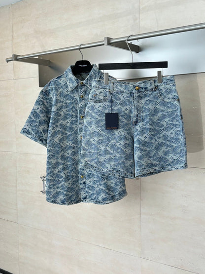 260120 New high-quality washed full-print jacquard denim shorts