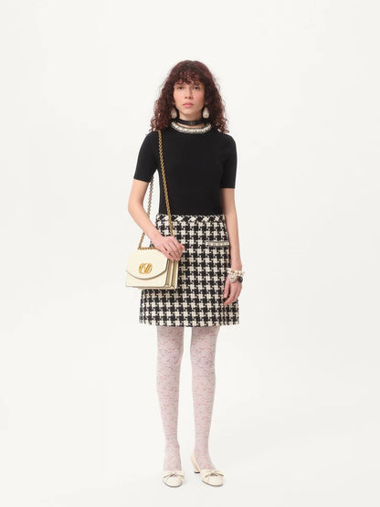 260315 New pearl collar neck knitted short-sleeved shirt
