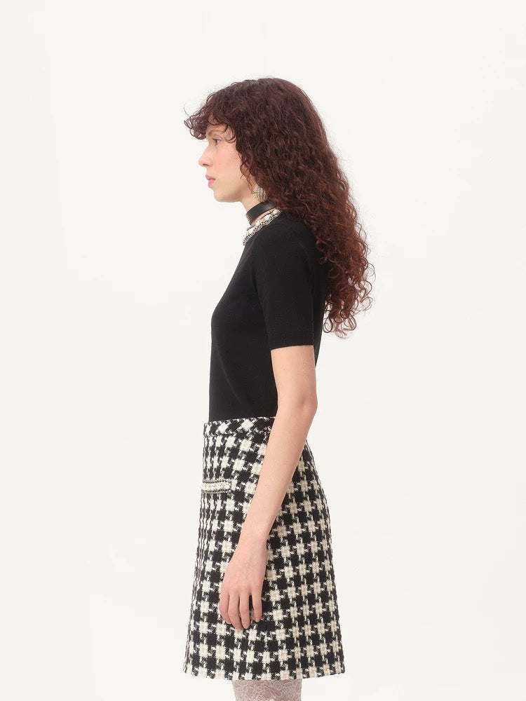 260315 New pearl collar neck knitted short-sleeved shirt