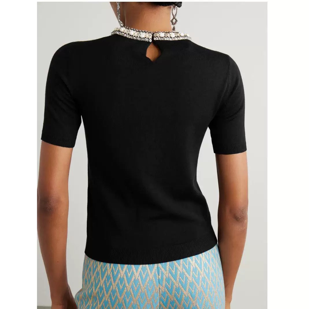 260315 New pearl collar neck knitted short-sleeved shirt