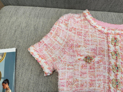260315 New spring-autumn pink woolen blouse-style short-sleeved shirt