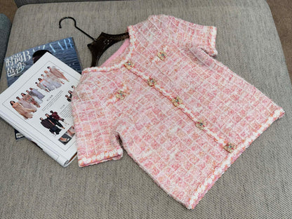 260315 New spring-autumn pink woolen blouse-style short-sleeved shirt