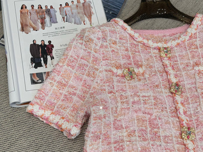 260315 New spring-autumn pink woolen blouse-style short-sleeved shirt