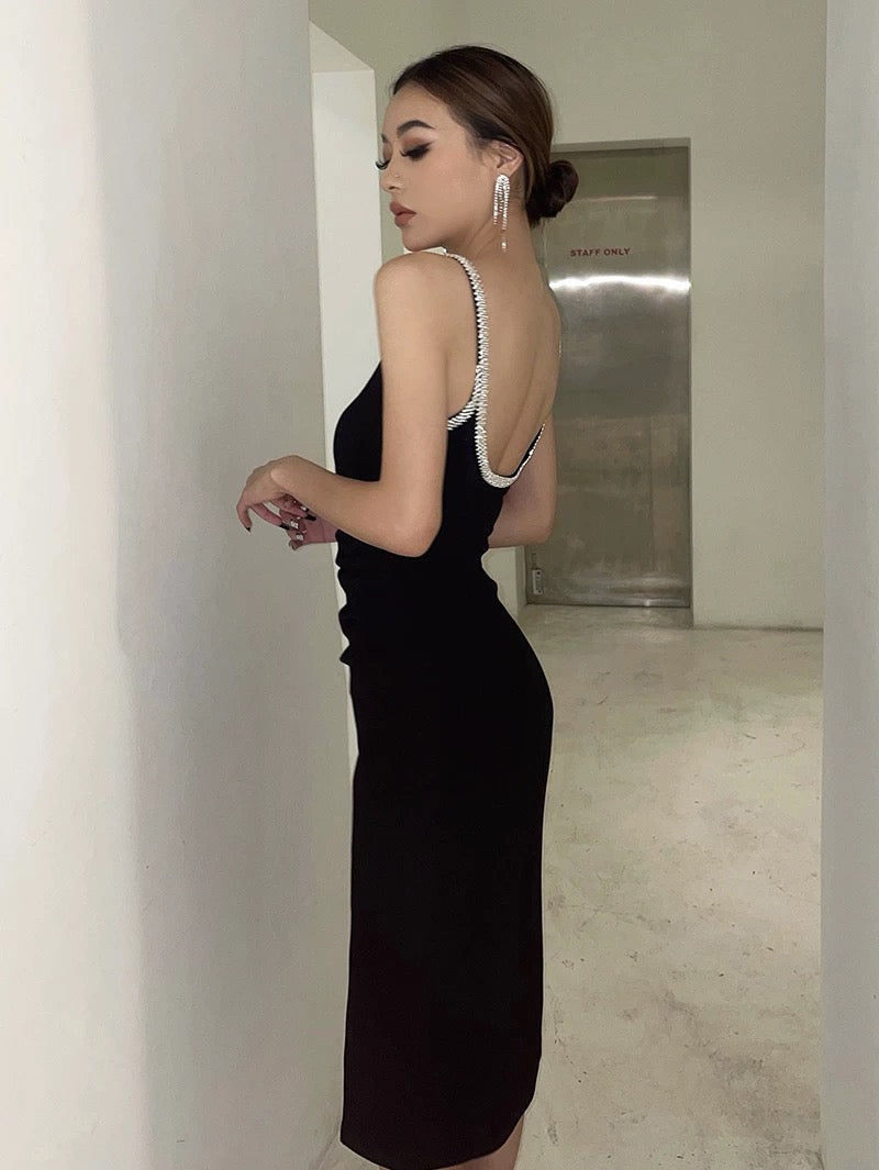 260315 New spring-autumn diamond-studded halter dress with a fitted bodice