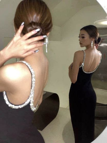 260315 New spring-autumn diamond-studded halter dress with a fitted bodice