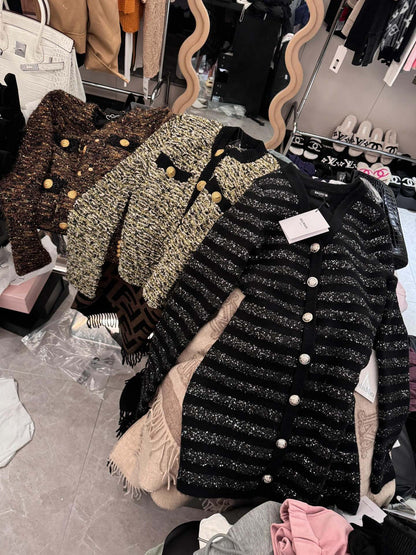 260315 New autumn-style thick stripe knitted chic blouse coat
