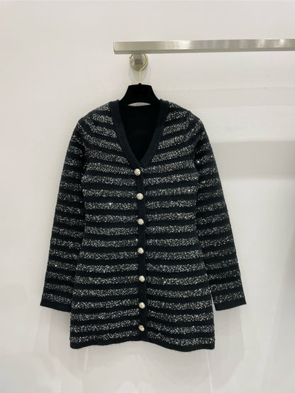 260315 New autumn-style thick stripe knitted chic blouse coat