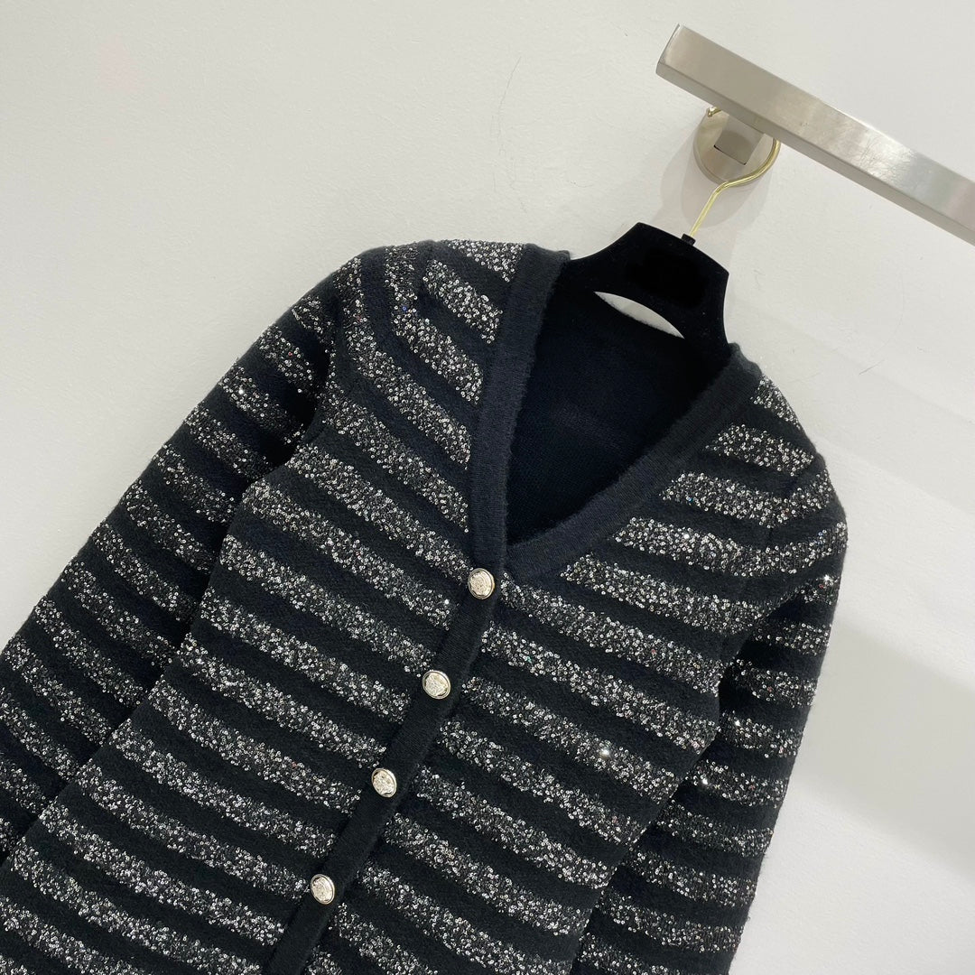 260315 New autumn-style thick stripe knitted chic blouse coat