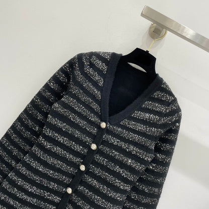 260315 New autumn-style thick stripe knitted chic blouse coat