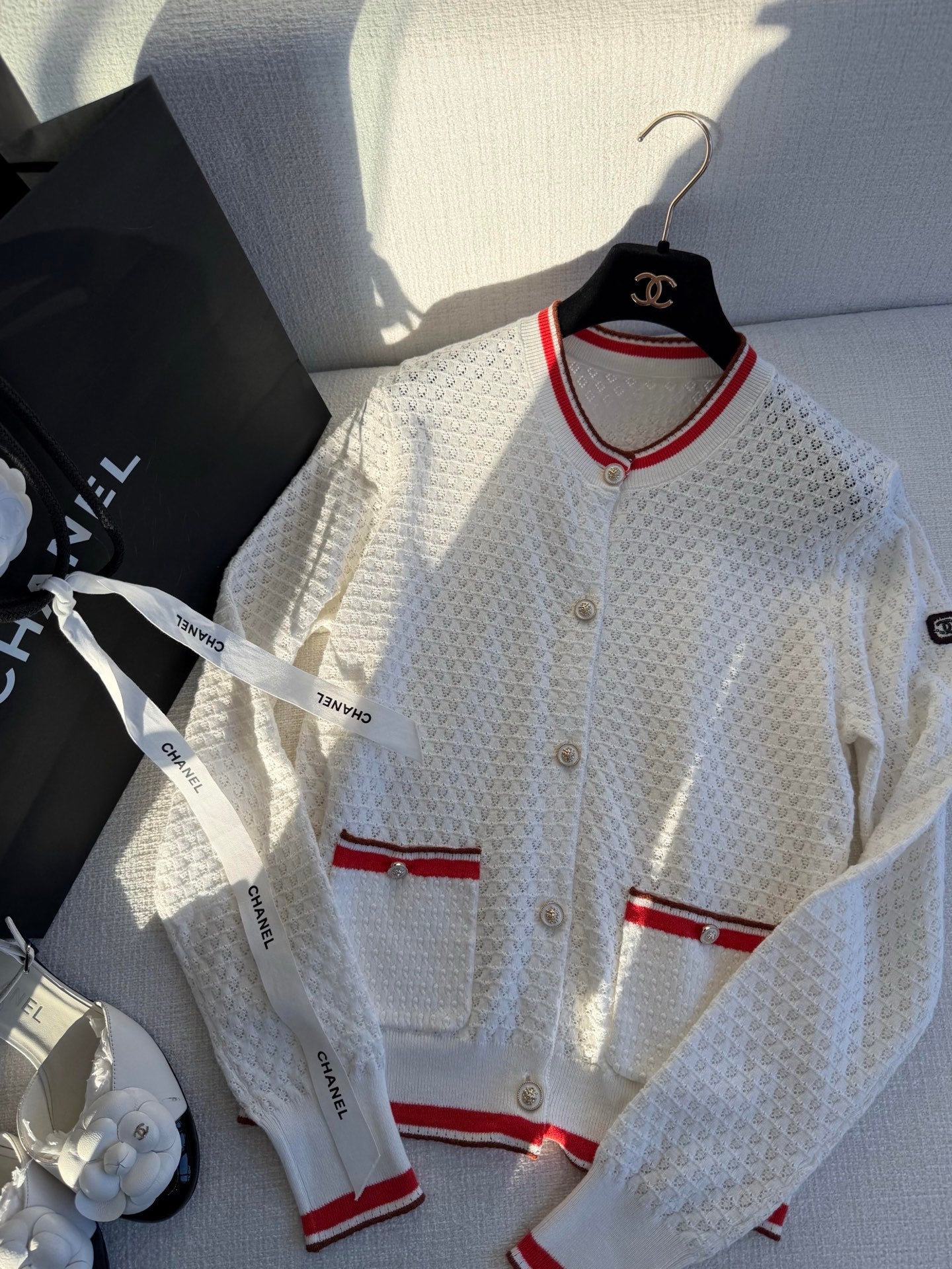 260315 New spring-autumn style white and red striped knitted cardigan
