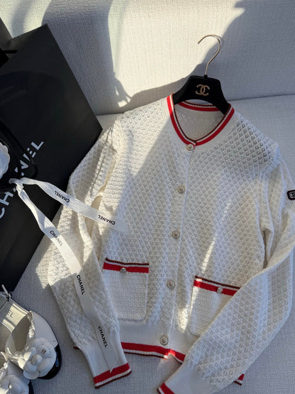260315 New spring-autumn style white and red striped knitted cardigan
