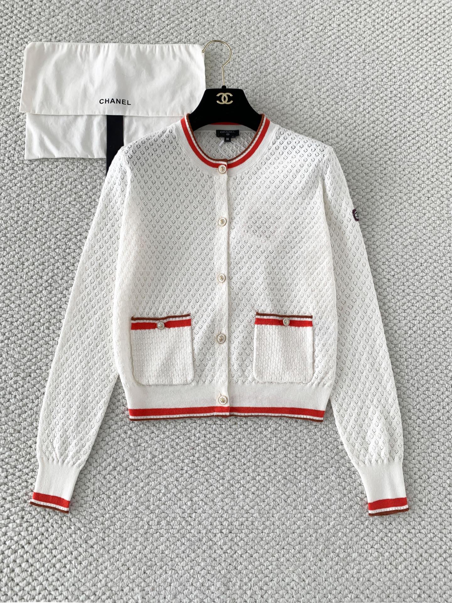 260315 New spring-autumn style white and red striped knitted cardigan