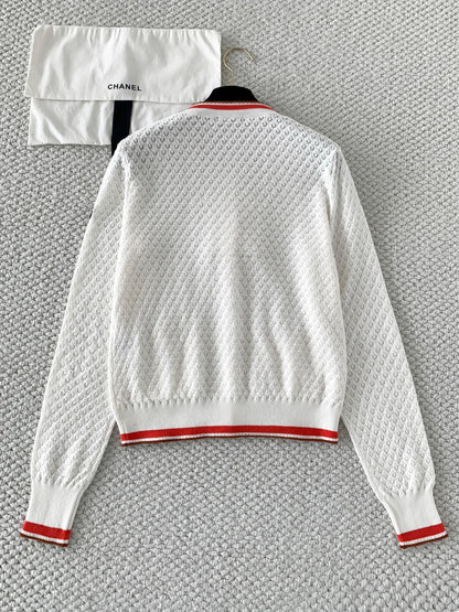 260315 New spring-autumn style white and red striped knitted cardigan