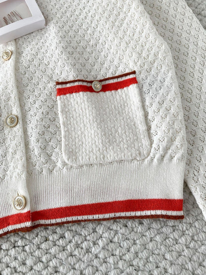 260315 New spring-autumn style white and red striped knitted cardigan