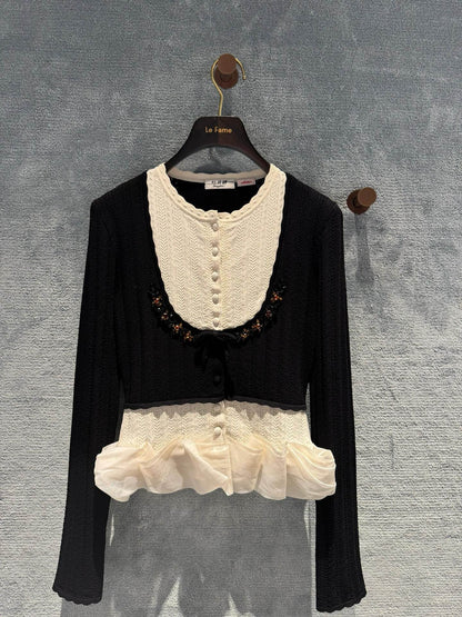 260315 New spring-autumn style heavy-duty sequin color-matched patchwork knitted cardigan